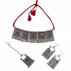 Afghani Boho Ghungroo Choker Set_Red