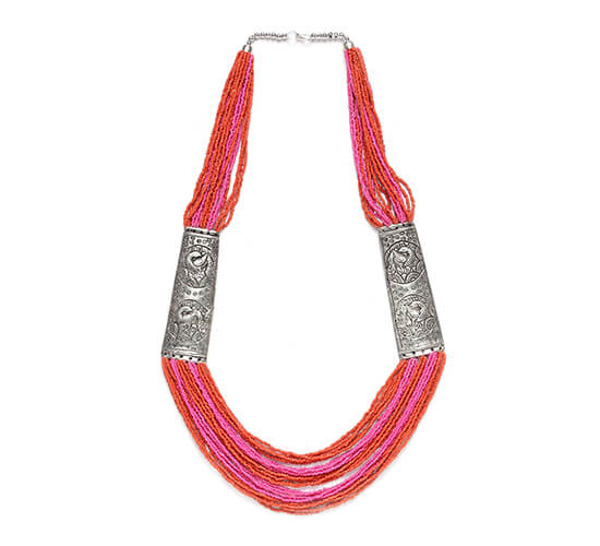 Afghani Oxidized Silver Poth Necklace_Pink&Orange