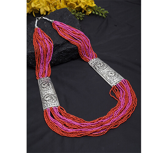 Afghani Oxidized Silver Poth Necklace_Pink&Orange2