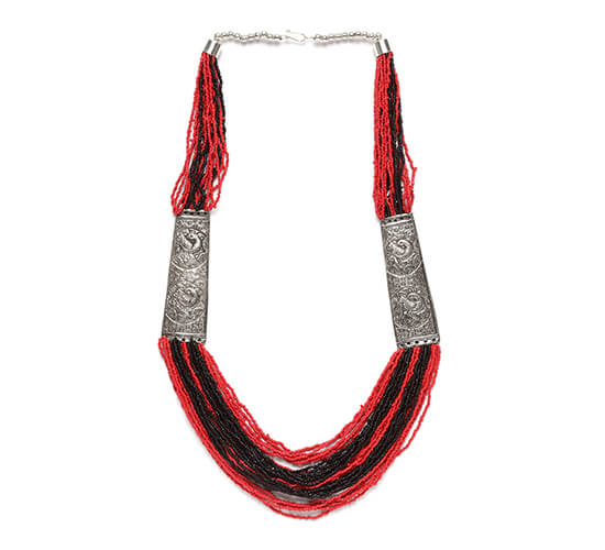 Afghani Oxidized Silver Poth Necklace_Red&Black