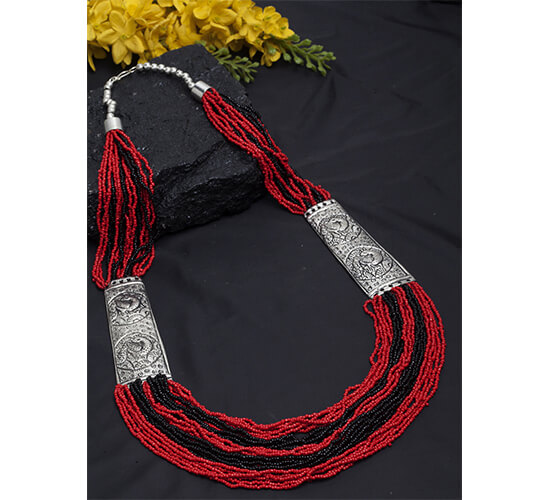 Afghani Oxidized Silver Poth Necklace_Red&Black2