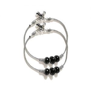 German Silver Black Beaded Ghungroo Anklet_Black