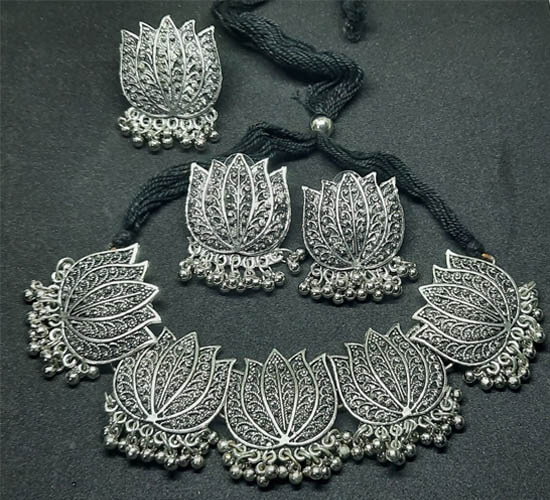 German Silver Designer Lotus Necklace Set_2
