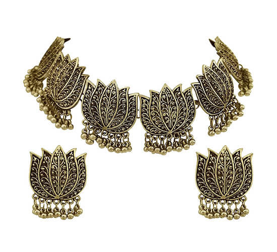German Silver Designer Lotus Necklace Set_Golden1