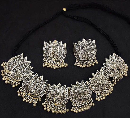 German Silver Designer Lotus Necklace Set_Golden2