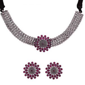 German Silver Floral Motifs Choker Set_Pink