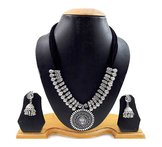 German Silver Plated Necklace Earring Set_Black