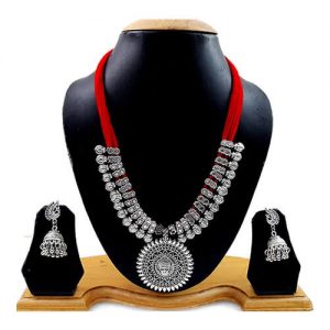 German Silver Plated Necklace Earring Set_Red