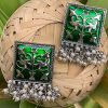 Oxidized Meenakari Square Earrings_Green