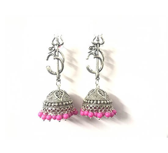 Oxidized Om Jhumka Earrings_Pink