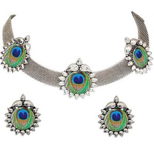 Oxidized Peacock 3 Feathers Choker Set_cover