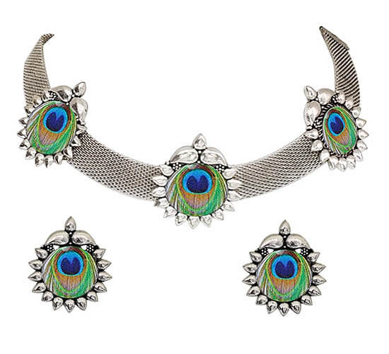 Oxidized Peacock 3 Feathers Choker Set_cover