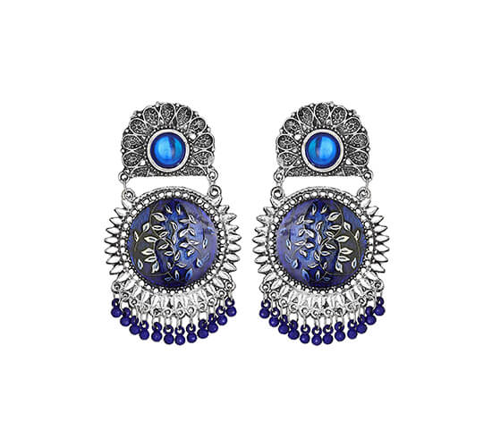 Oxidized Silver Enamel Work Earrings_Blue