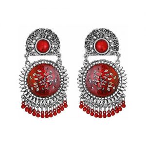 Oxidized Silver Enamel Work Earrings_Red