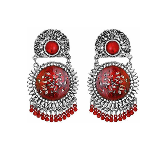 Oxidized Silver Enamel Work Earrings_Red