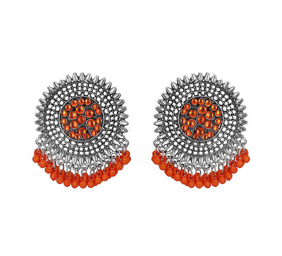 Oxidized Silver Round Stud Earrings_Orange