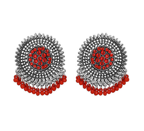 Oxidized Silver Round Stud Earrings_Red