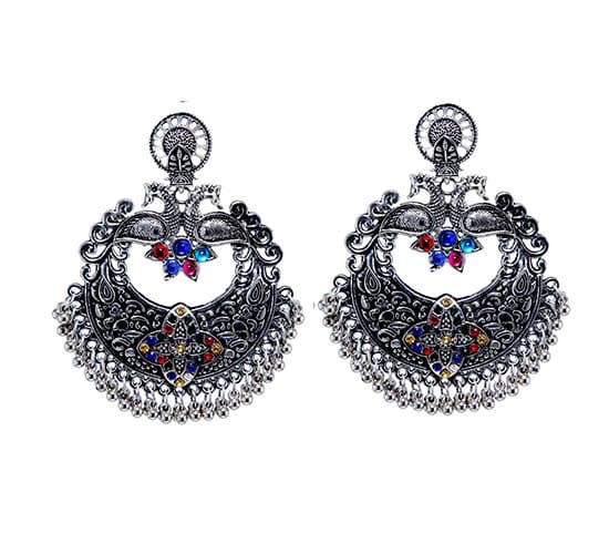 Priyaasi Floral Oxidised Silver Chunky Drop Earrings