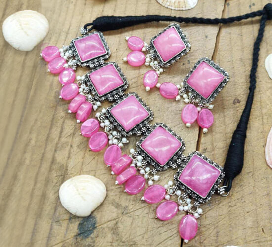 Silver Plated Stone Jewellery set - pink 3