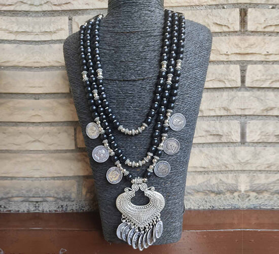 German Silver Black Bead Coin Charm Necklace 2