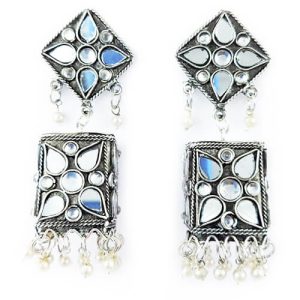 German Silver Square  Shining Mirror Jhumka 1