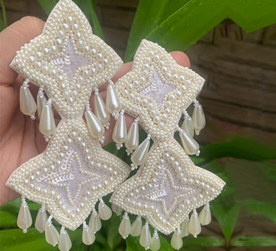 Pearl Embroidery Double Star Handmade Earrings_ White 2